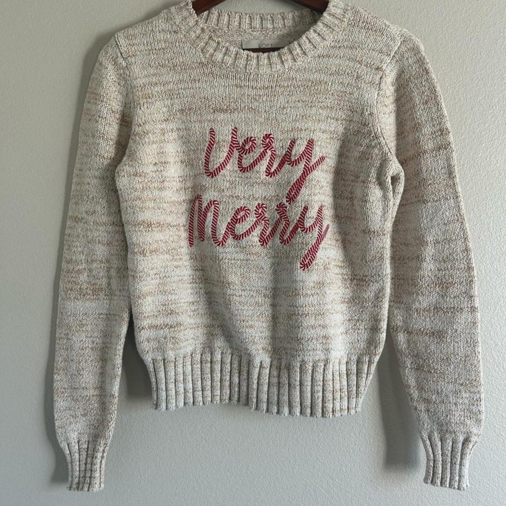 LOFT Cream Marled 'Very Merry' Sweater with Red Script